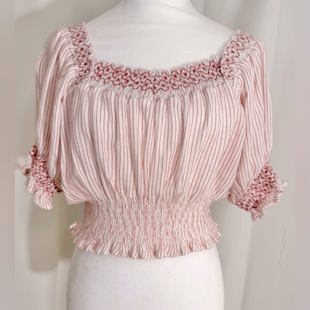 NWT Vintage Havana Striped Off Shoulder Cropped Puff Sleeves Top Size Large